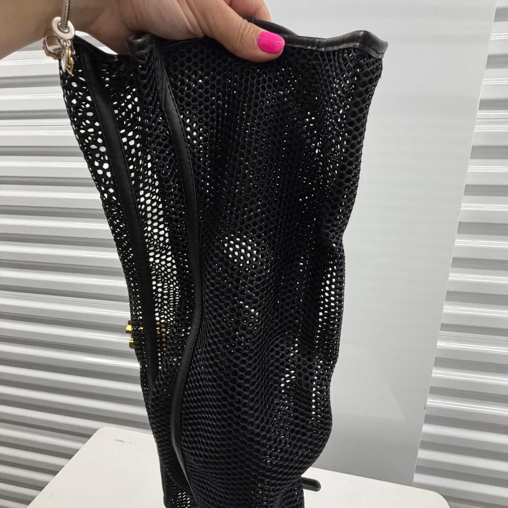 Bamboo Black Fishnet Mesh Thigh High Boots Rose Gold Block Heel Open Toe Size 8